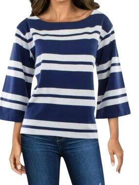 NWT Tommy Bahama Womens French Terrace Striped Bell Sleeve Pullover Top Navy